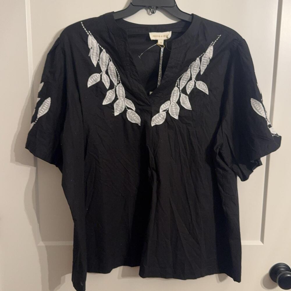 Jennifer & Grace Tunic Blouse Sz 2X Black Embroidered Floral Cotton Boho Resort